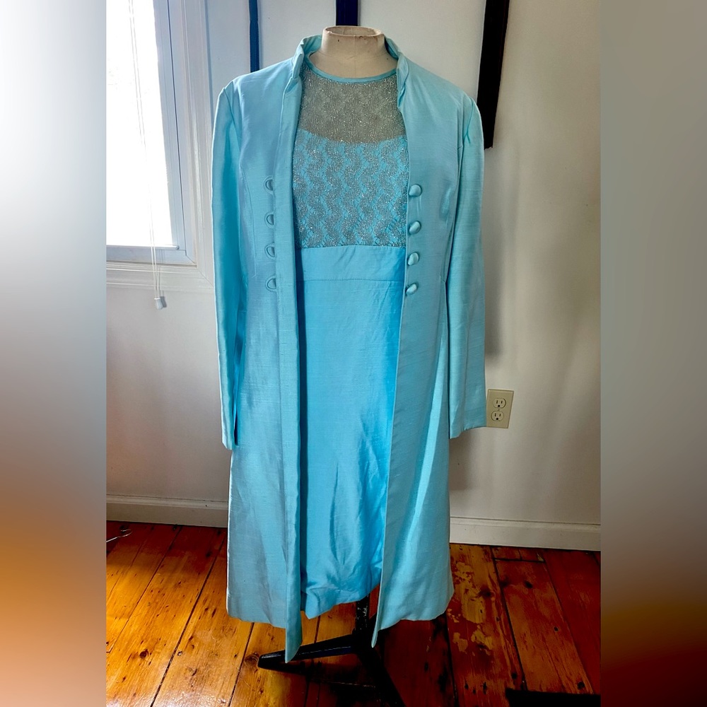 Vintage blue 60s Mod two piece dress suit with button up jacket S-M